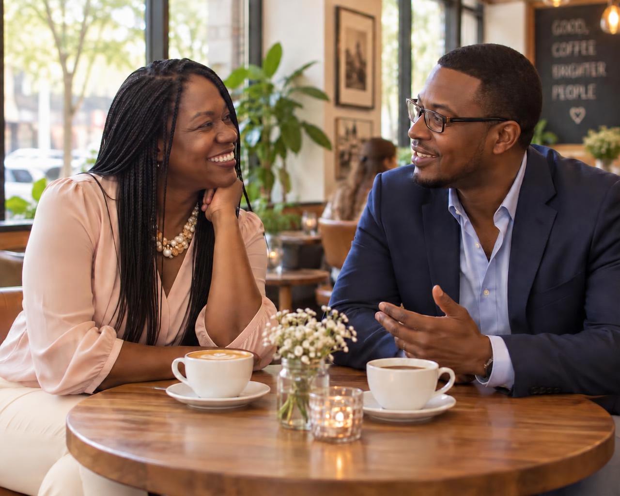 The same couple laughing together over coffee at a bright café table.