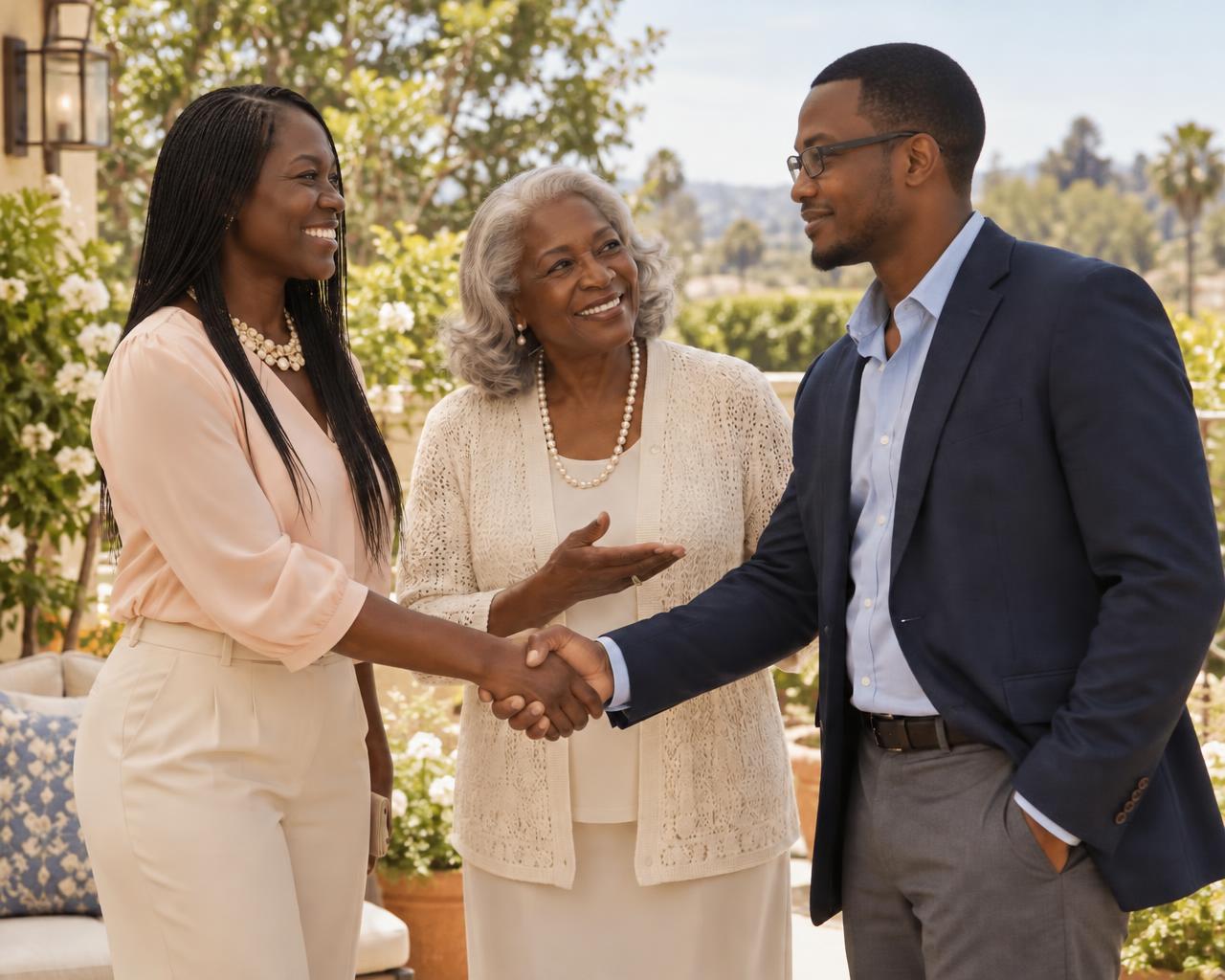 An older woman warmly introduces a smiling man and woman as they shake hands on a sunlit terrace.